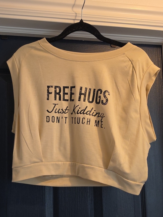 Tops - Womens L Cream Muscle - Crop Tee ‐ Free Hugs, Just Kidding Don't Touch Me